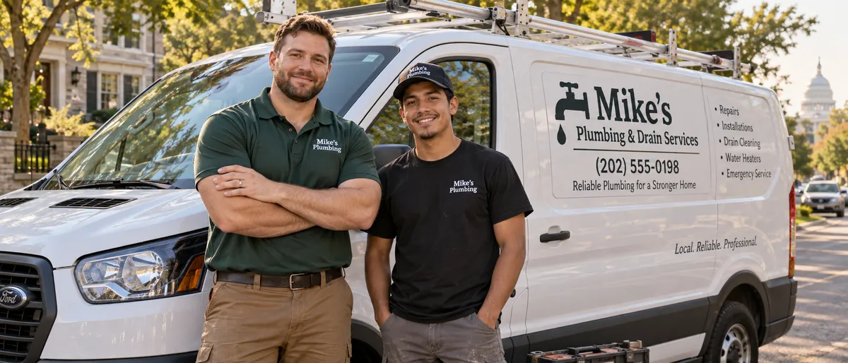 Two plumbers in branded uniforms standing in front of a work van.