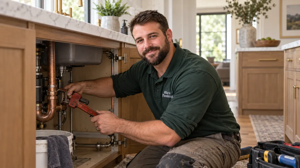 Plumber in branded uniform repairing a kitchen sink under the counter.