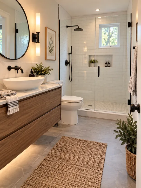 Modern farmhouse bathroom with white subway tile, wooden vanity, and walk-in shower.